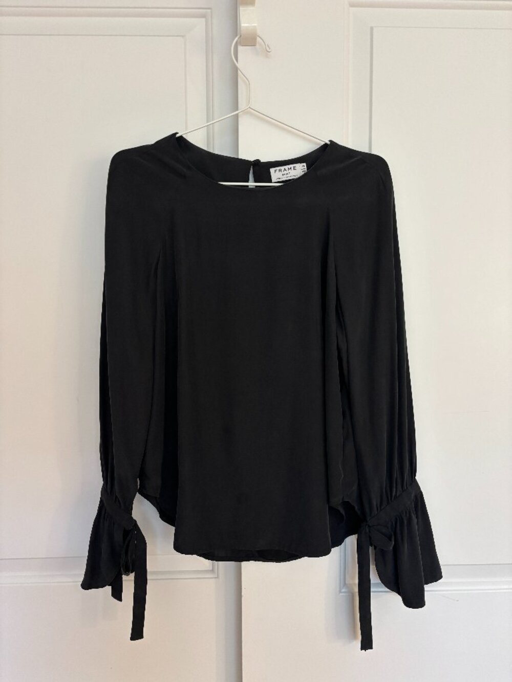 FRAME Black Silk Blouse Bishop Sleeve Keyhole Back Ruffle Cuff XS
